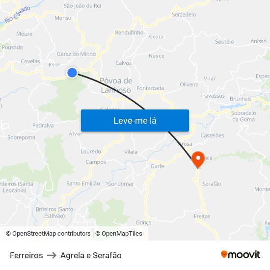 Ferreiros to Agrela e Serafão map