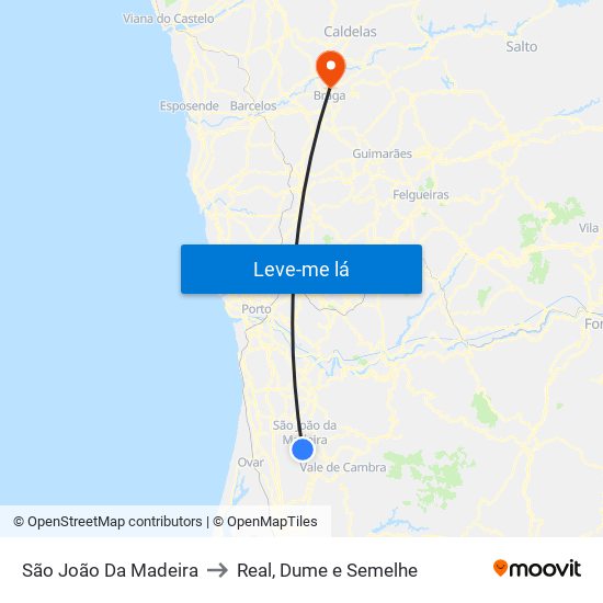 São João Da Madeira to Real, Dume e Semelhe map