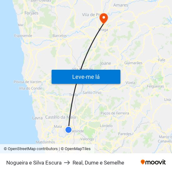 Nogueira e Silva Escura to Real, Dume e Semelhe map