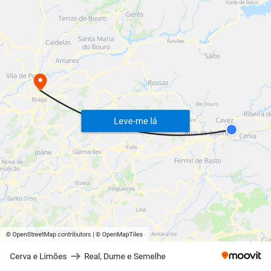 Cerva e Limões to Real, Dume e Semelhe map