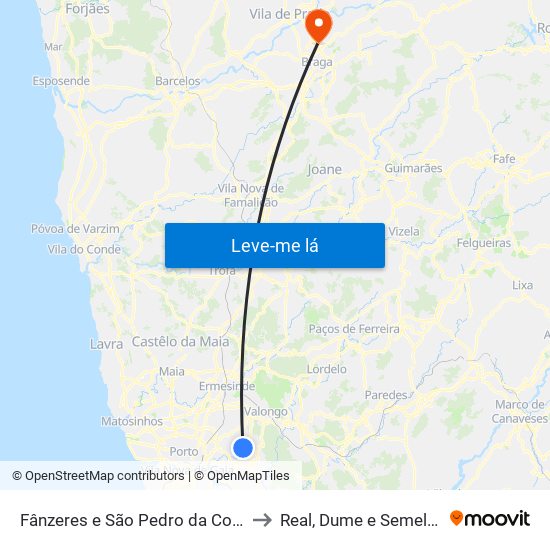 Fânzeres e São Pedro da Cova to Real, Dume e Semelhe map