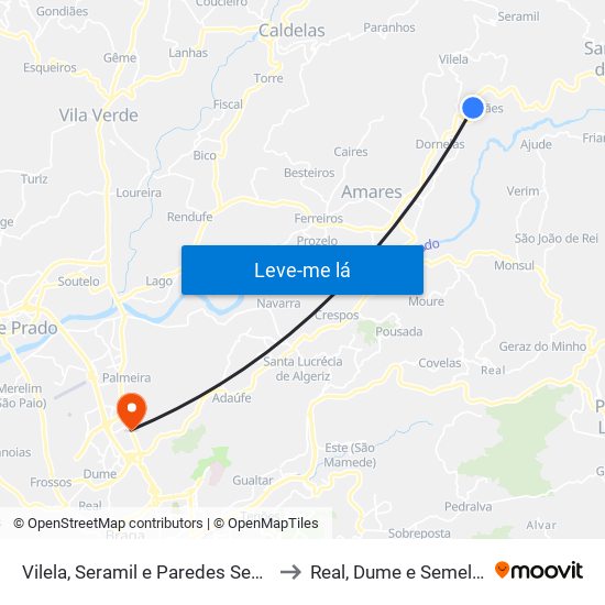 Vilela, Seramil e Paredes Secas to Real, Dume e Semelhe map