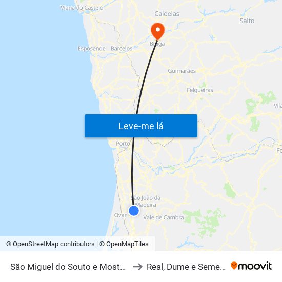 São Miguel do Souto e Mosteirô to Real, Dume e Semelhe map