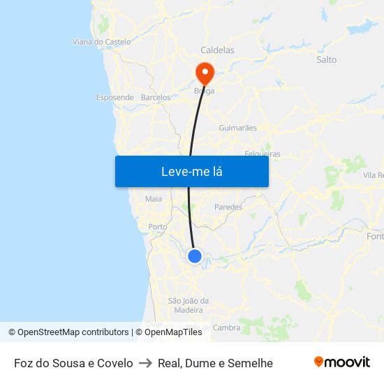 Foz do Sousa e Covelo to Real, Dume e Semelhe map