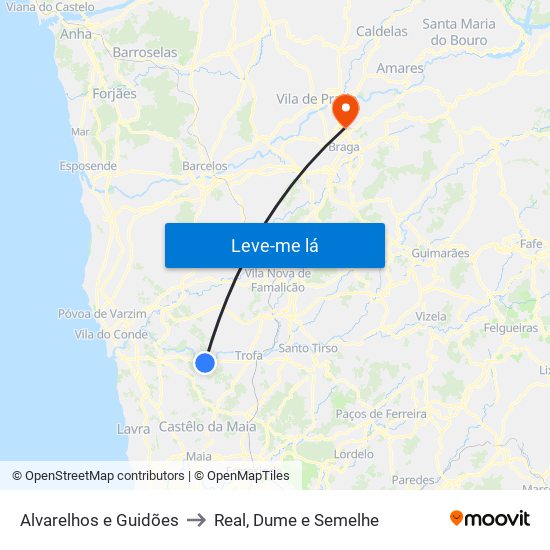 Alvarelhos e Guidões to Real, Dume e Semelhe map