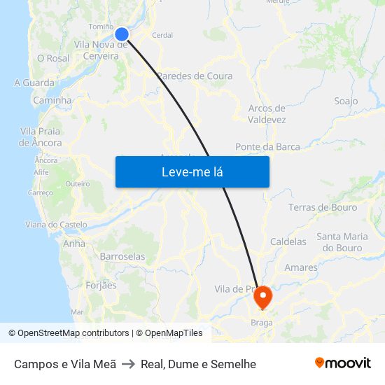 Campos e Vila Meã to Real, Dume e Semelhe map