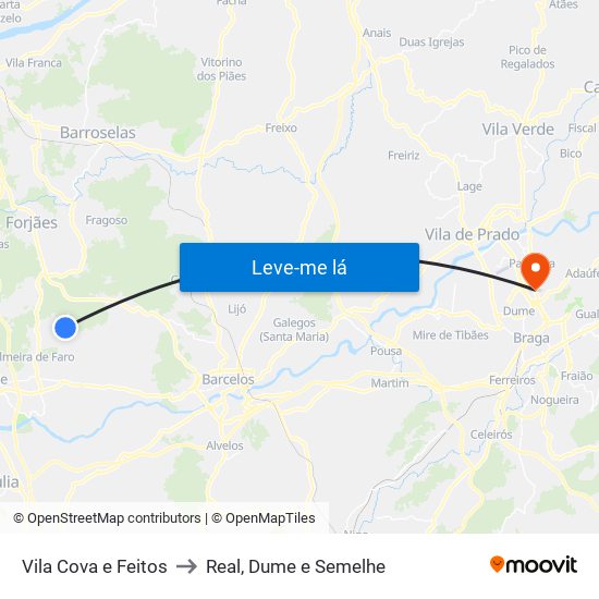 Vila Cova e Feitos to Real, Dume e Semelhe map