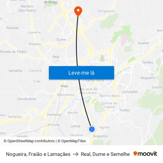 Nogueira, Fraião e Lamaçães to Real, Dume e Semelhe map