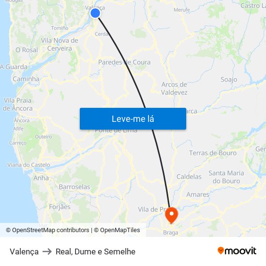 Valença to Real, Dume e Semelhe map