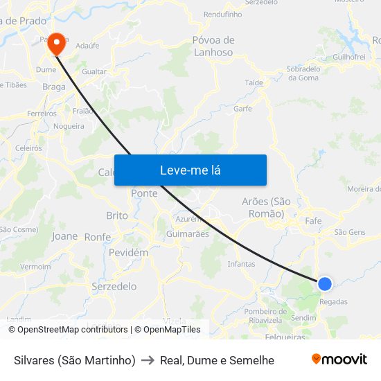 Silvares (São Martinho) to Real, Dume e Semelhe map