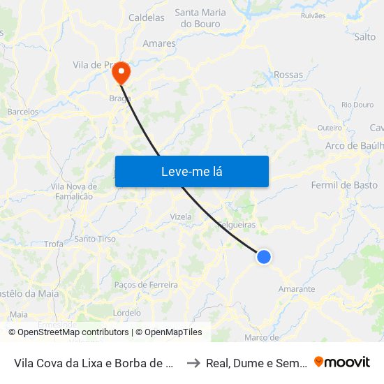 Vila Cova da Lixa e Borba de Godim to Real, Dume e Semelhe map