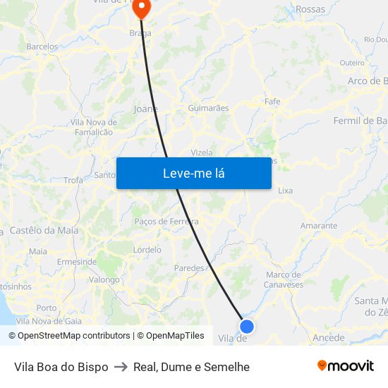 Vila Boa do Bispo to Real, Dume e Semelhe map