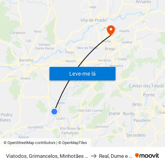 Viatodos, Grimancelos, Minhotães e Monte de Fralães to Real, Dume e Semelhe map