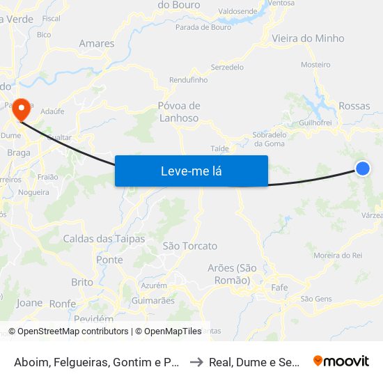 Aboim, Felgueiras, Gontim e Pedraído to Real, Dume e Semelhe map