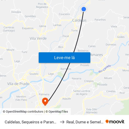 Caldelas, Sequeiros e Paranhos to Real, Dume e Semelhe map