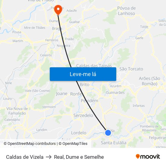 Caldas de Vizela to Real, Dume e Semelhe map