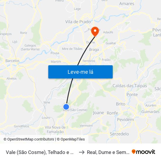 Vale (São Cosme), Telhado e Portela to Real, Dume e Semelhe map