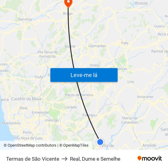 Termas de São Vicente to Real, Dume e Semelhe map