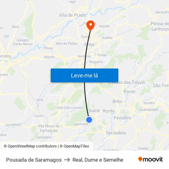 Pousada de Saramagos to Real, Dume e Semelhe map