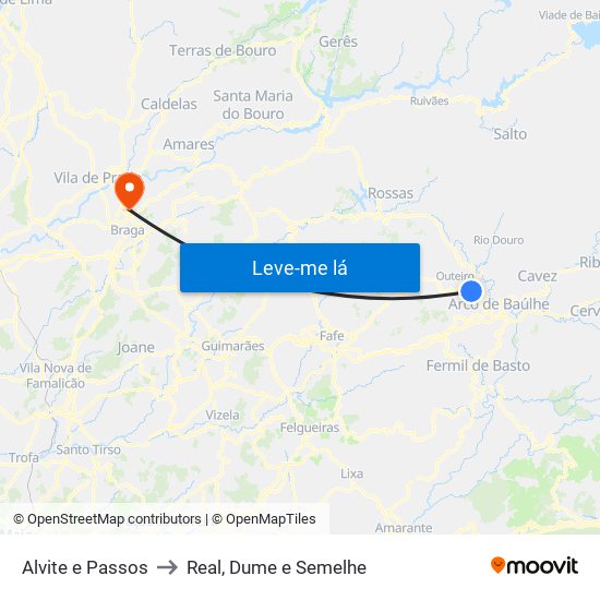 Alvite e Passos to Real, Dume e Semelhe map