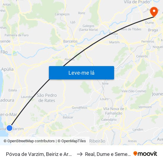 Póvoa de Varzim, Beiriz e Argivai to Real, Dume e Semelhe map