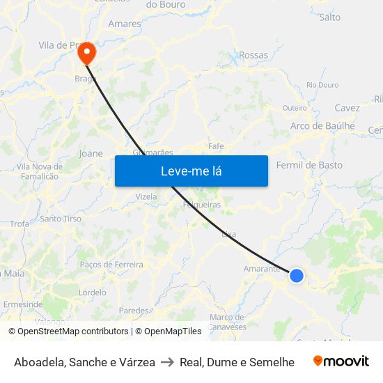 Aboadela, Sanche e Várzea to Real, Dume e Semelhe map