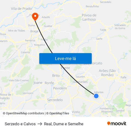Serzedo e Calvos to Real, Dume e Semelhe map