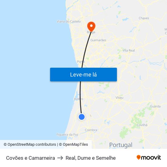 Covões e Camarneira to Real, Dume e Semelhe map