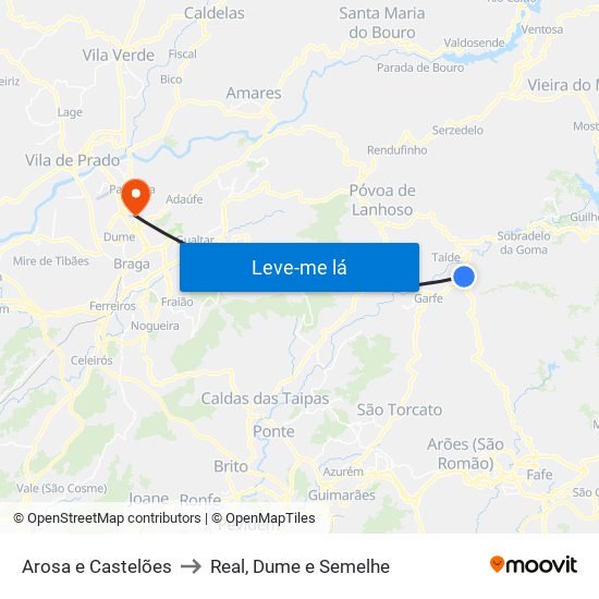 Arosa e Castelões to Real, Dume e Semelhe map
