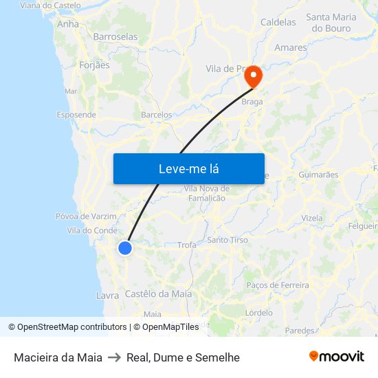 Macieira da Maia to Real, Dume e Semelhe map