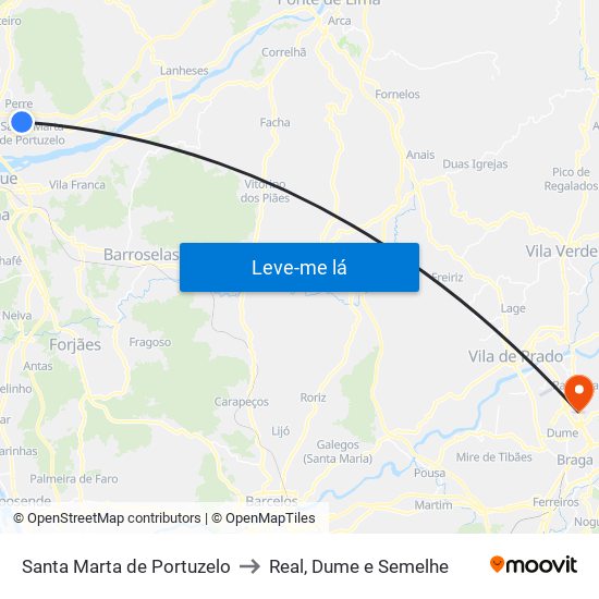 Santa Marta de Portuzelo to Real, Dume e Semelhe map