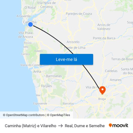 Caminha (Matriz) e Vilarelho to Real, Dume e Semelhe map