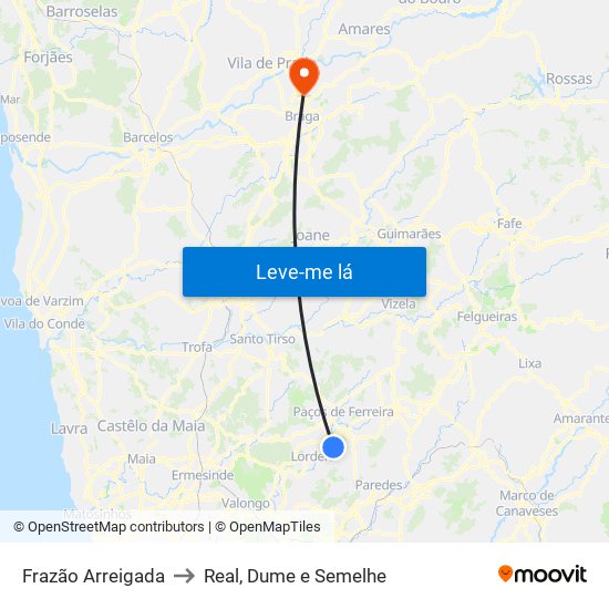 Frazão Arreigada to Real, Dume e Semelhe map