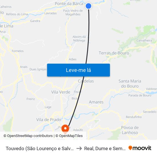 Touvedo (São Lourenço e Salvador) to Real, Dume e Semelhe map