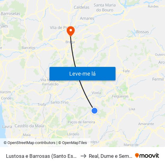 Lustosa e Barrosas (Santo Estêvão) to Real, Dume e Semelhe map