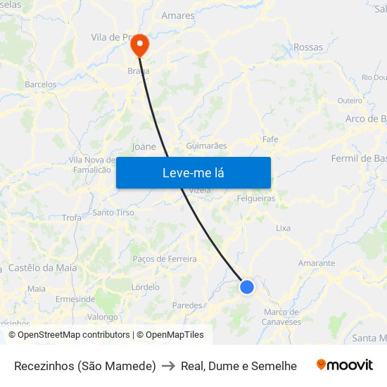 Recezinhos (São Mamede) to Real, Dume e Semelhe map