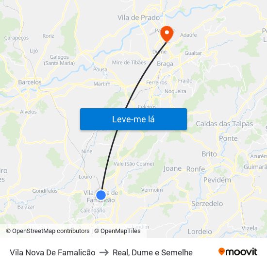 Vila Nova De Famalicão to Real, Dume e Semelhe map
