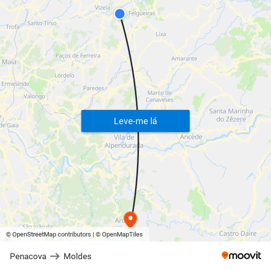 Penacova to Moldes map