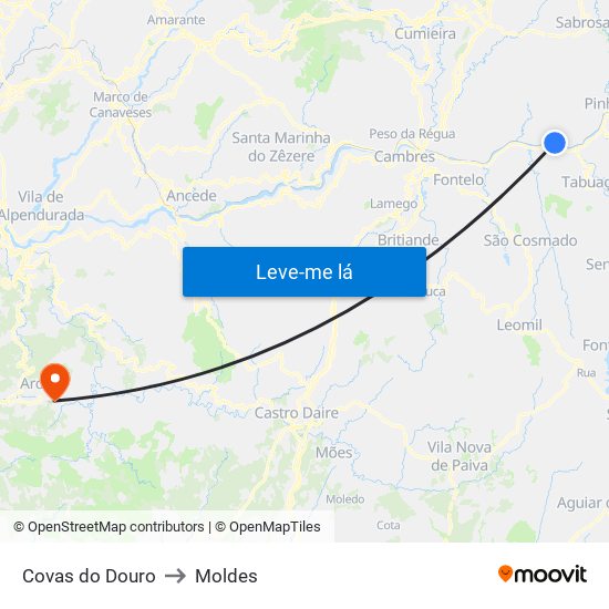 Covas do Douro to Moldes map