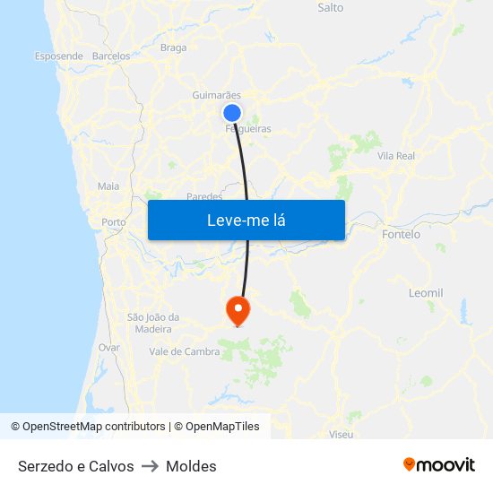 Serzedo e Calvos to Moldes map