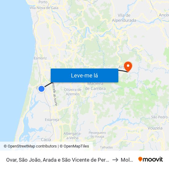 Ovar, São João, Arada e São Vicente de Pereira Jusã to Moldes map