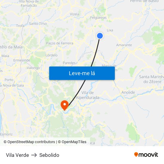 Vila Verde to Sebolido map