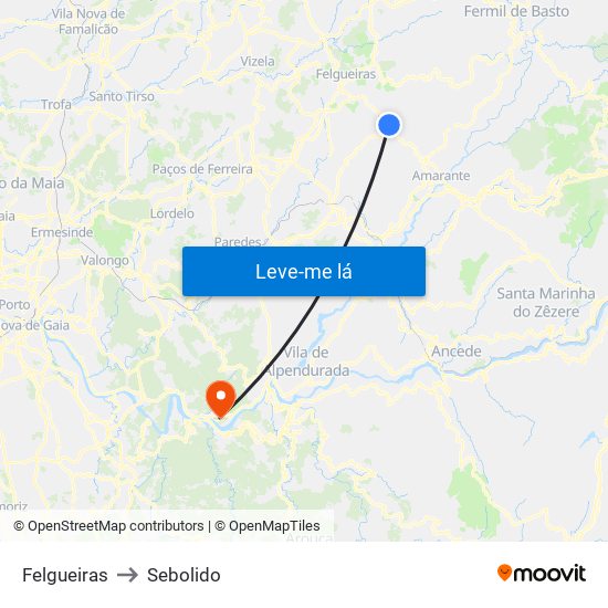 Felgueiras to Sebolido map