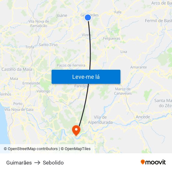Guimarães to Sebolido map
