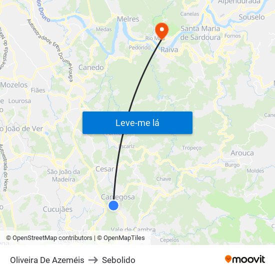Oliveira De Azeméis to Sebolido map