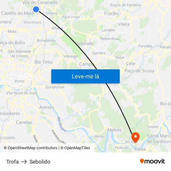 Trofa to Sebolido map