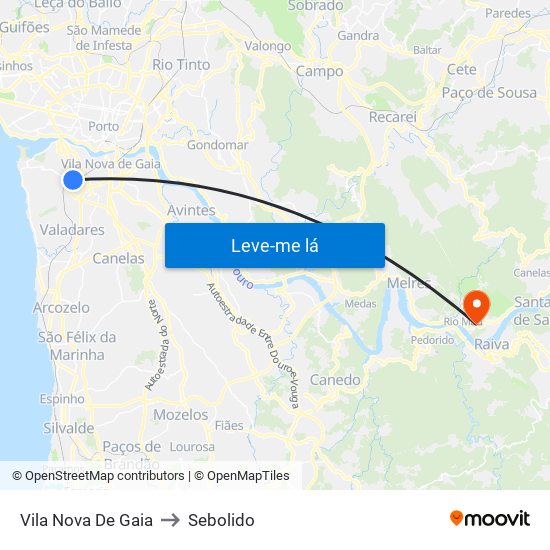 Vila Nova De Gaia to Sebolido map