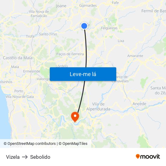 Vizela to Sebolido map