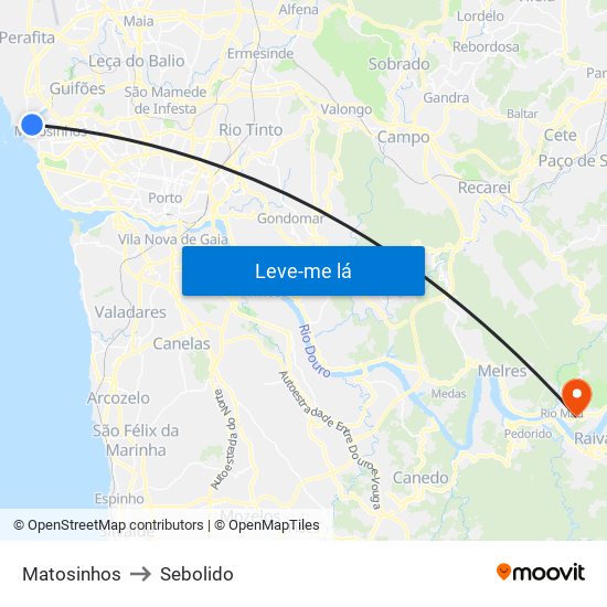 Matosinhos to Sebolido map