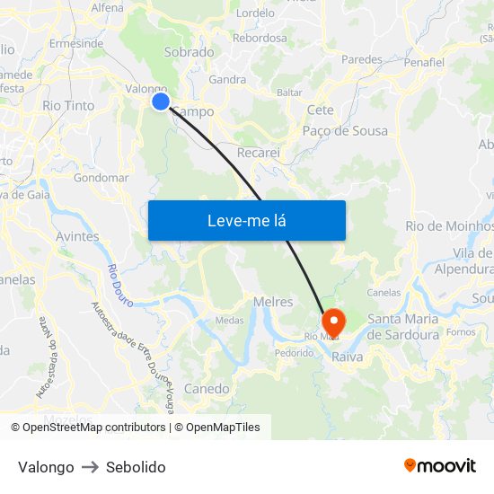 Valongo to Sebolido map